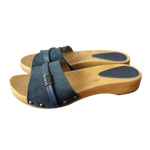 Sanita Blue Suede Mules with Wooden Sole